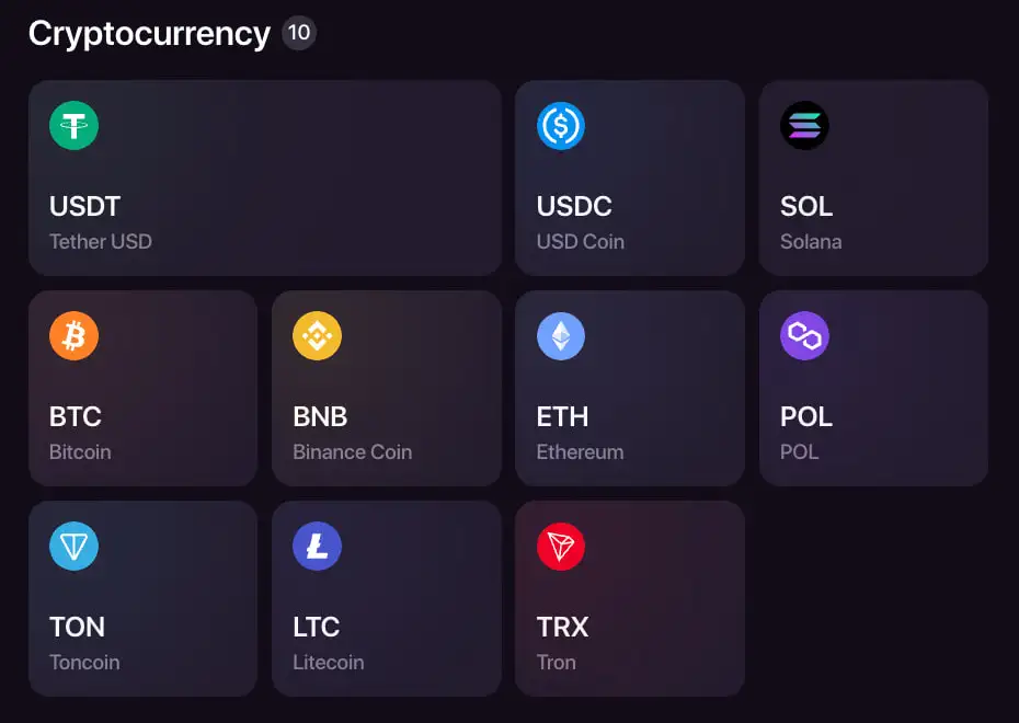 Selector de criptomonedas y redes de CHEXX