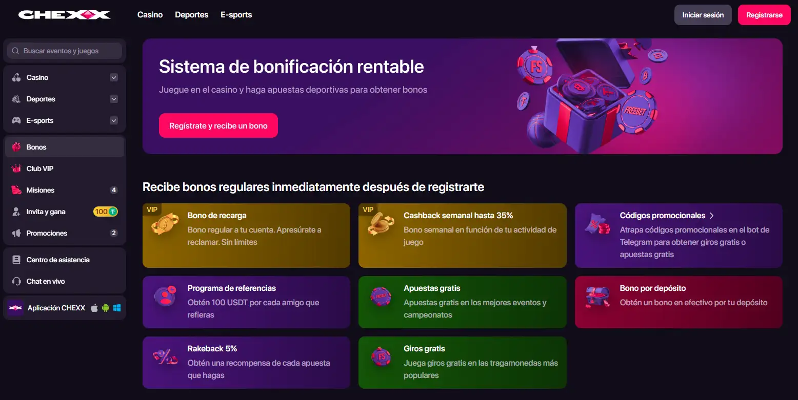 Sección de bonos y promociones de CHEXX