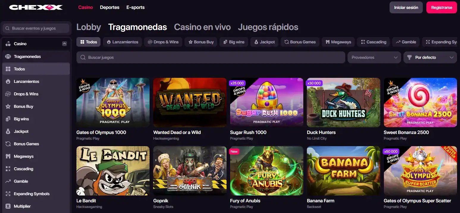 Sección de tragamonedas de CHEXX