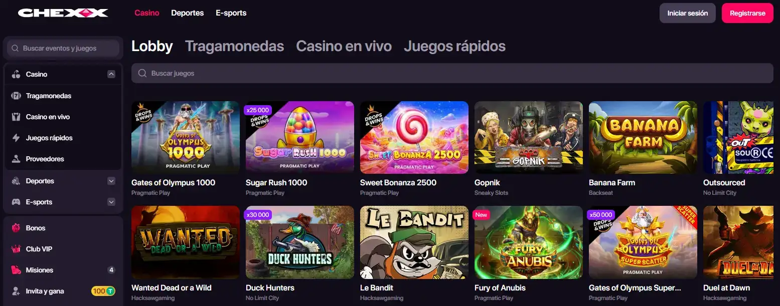 Lobby de juegos de CHEXX con sus categorías