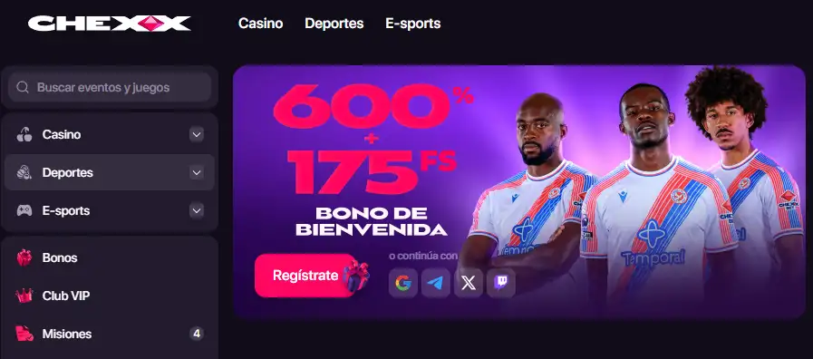 Página de inicio de CHEXX Casino México con juegos de casino, apuestas deportivas y esports