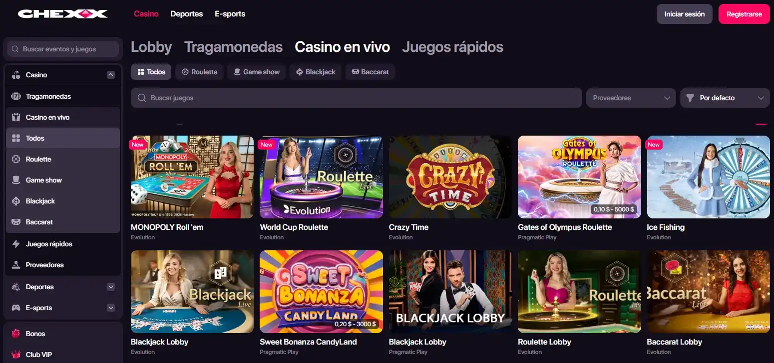 Lobby de casino en vivo de CHEXX