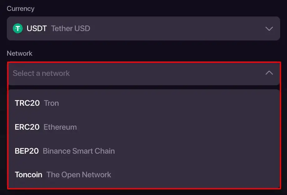 Cajero de CHEXX con selección de criptomoneda y red