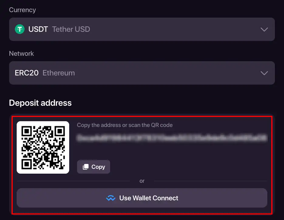 Depósito de CHEXX con selección de criptomoneda y red