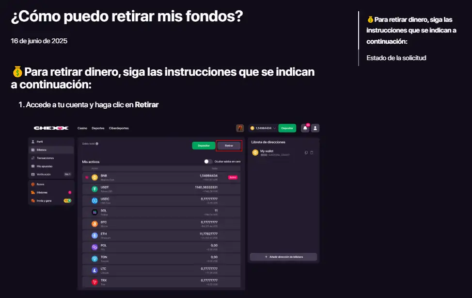Retiro de CHEXX con selección de moneda, red y dirección de wallet