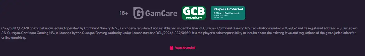 Certificado de operación de CHEXX en el registro de la Curaçao Gaming Authority