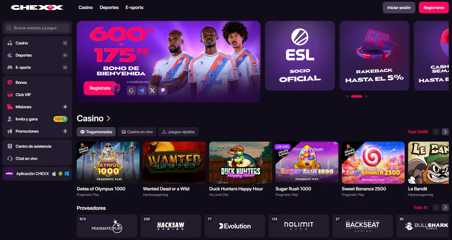 Interfaz general de CHEXX con navegación de casino y apuestas